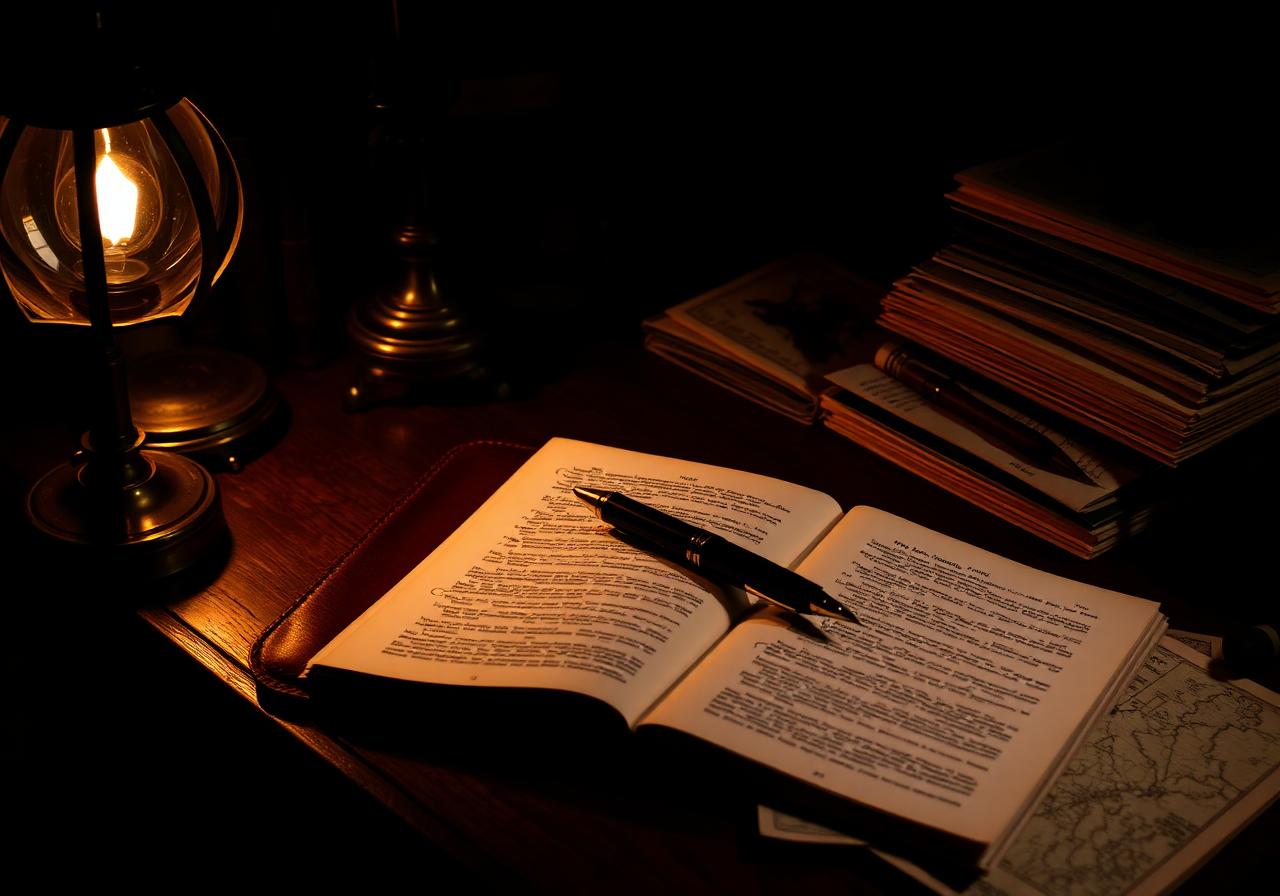 A writer's desk at night with leather notebook and brass lamp