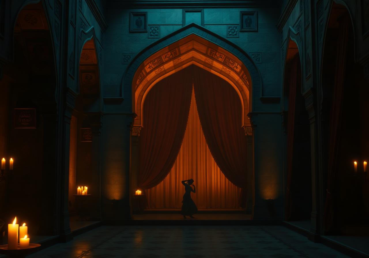 A Mughal arch with a single dancer silhouette in candlelight