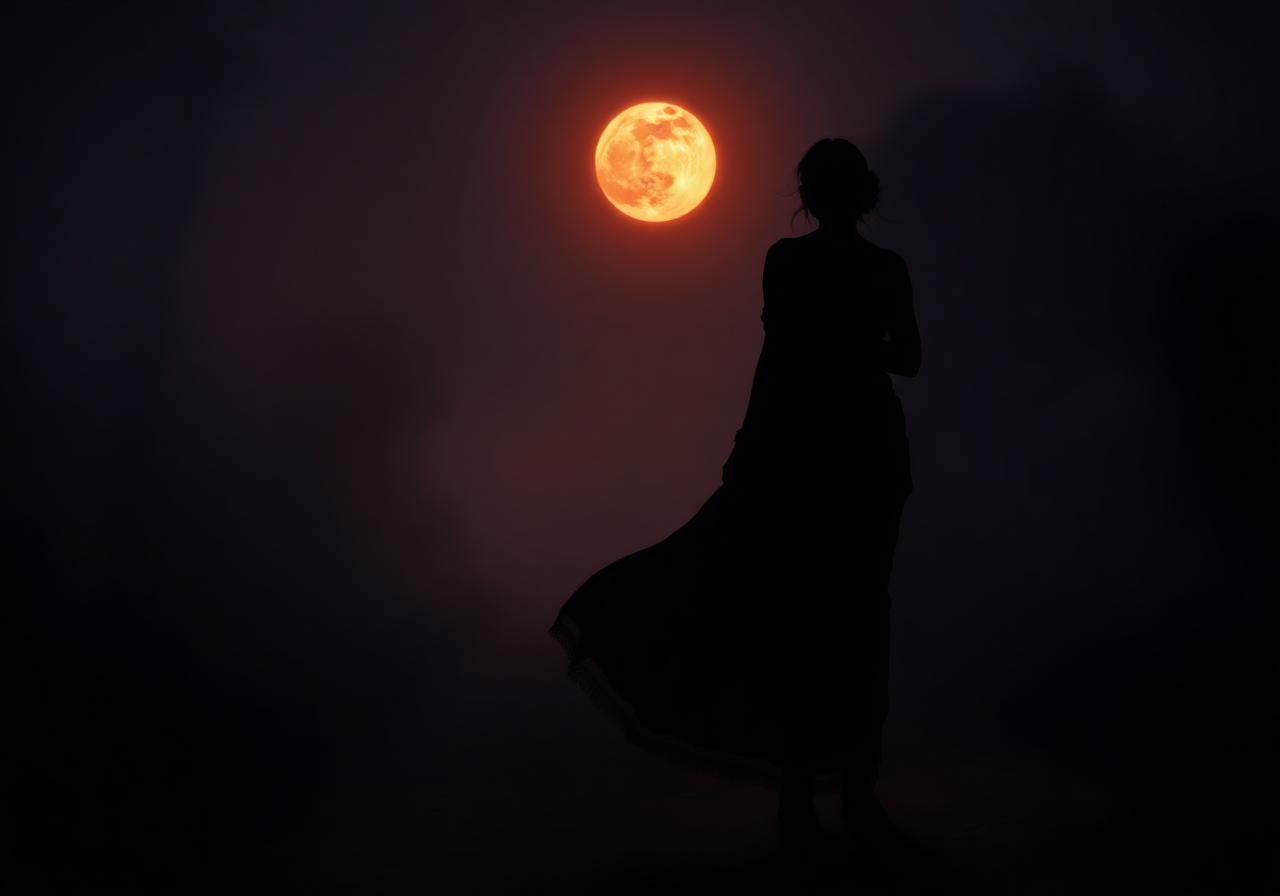 Shadowed female silhouette on a moonlit path