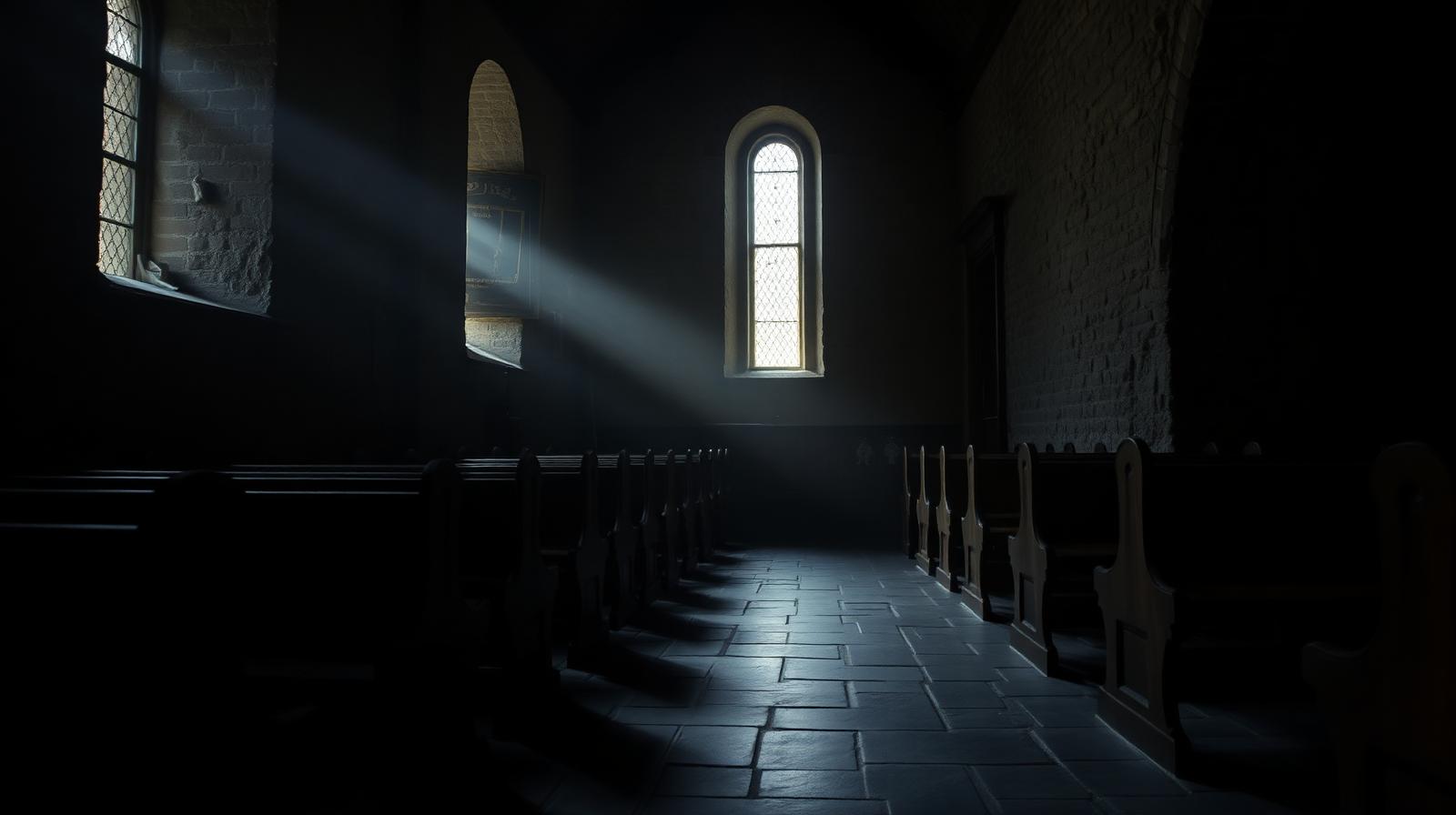 A Welsh chapel interior at dawn, slate floor catching a shaft of light