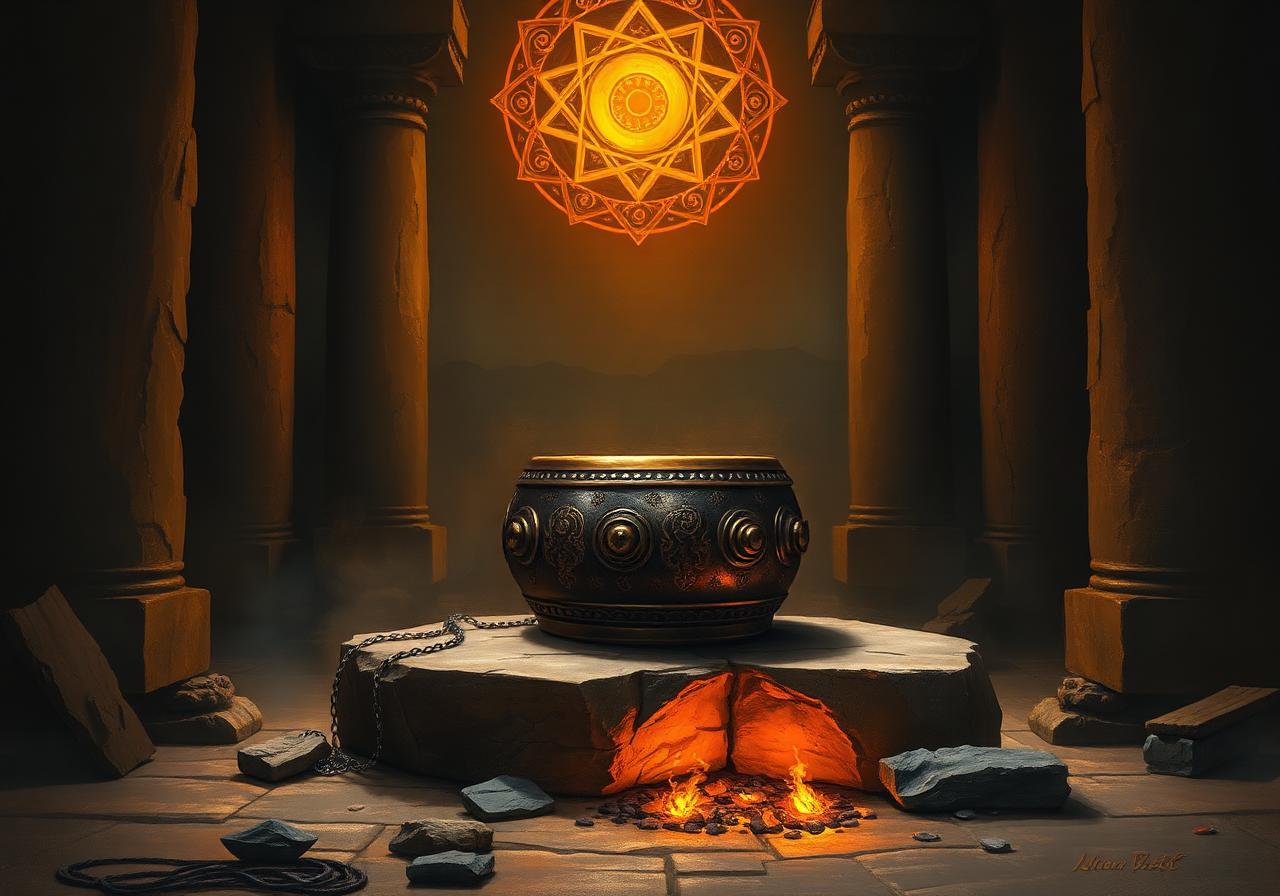 A bronze damaru drum on temple stone